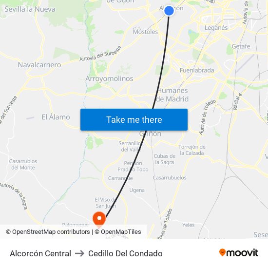 Alcorcón Central to Cedillo Del Condado map