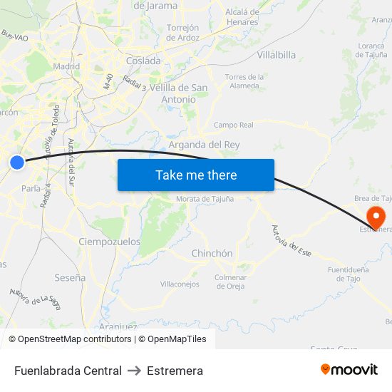 Fuenlabrada Central to Estremera map