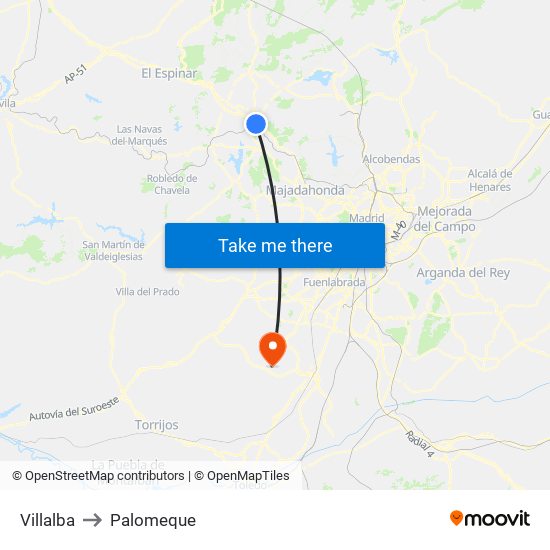 Villalba to Palomeque map