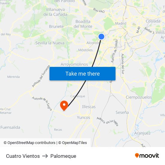 Cuatro Vientos to Palomeque map