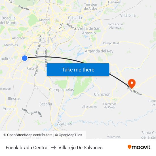 Fuenlabrada Central to Villarejo De Salvanés map