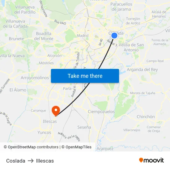 Coslada to Illescas map