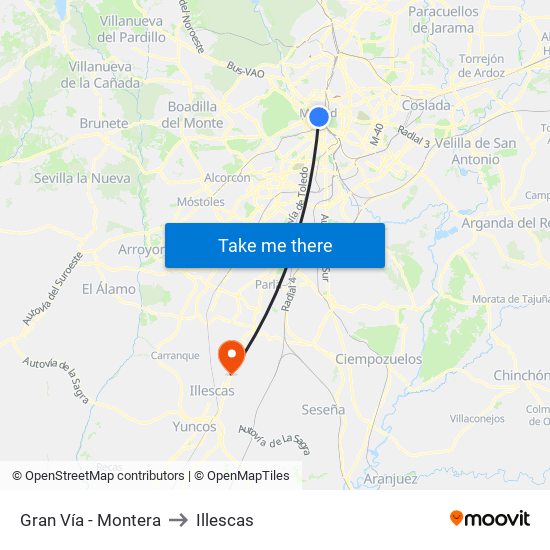Gran Vía - Montera to Illescas map