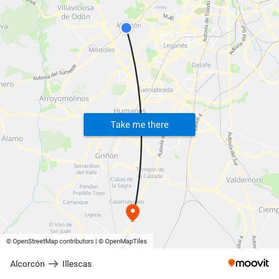 Alcorcón to Illescas map
