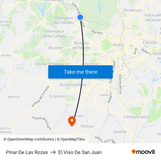 Pinar De Las Rozas to El Viso De San Juan map
