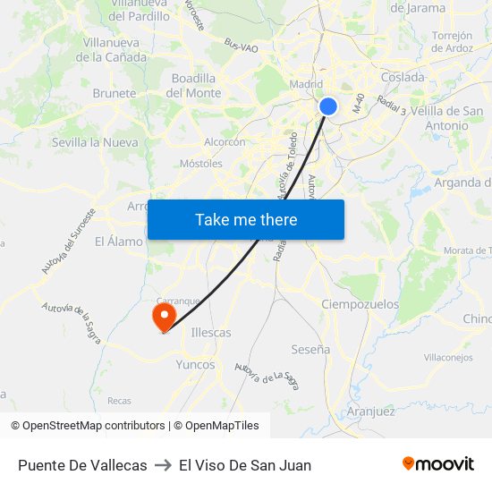 Puente De Vallecas to El Viso De San Juan map