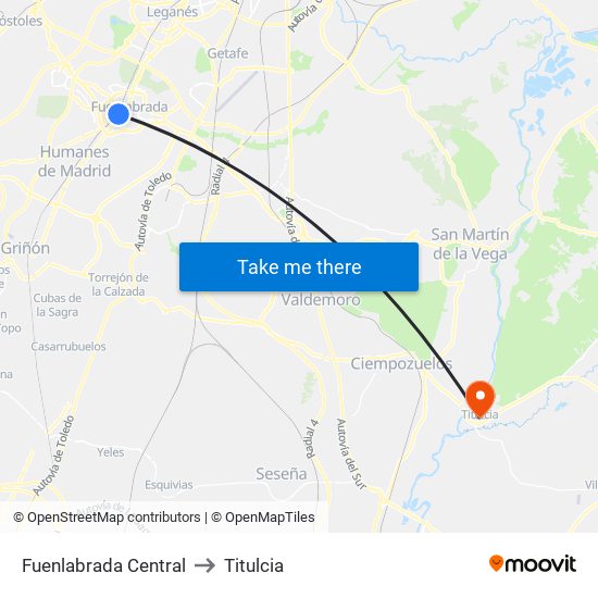 Fuenlabrada Central to Titulcia map