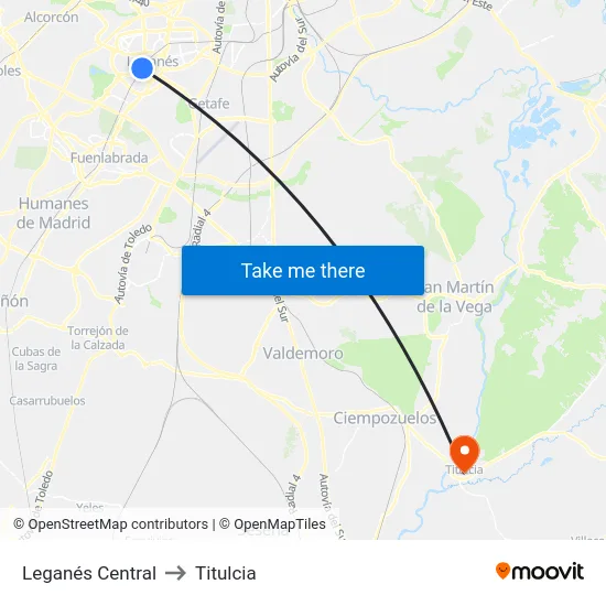 Leganés Central to Titulcia map