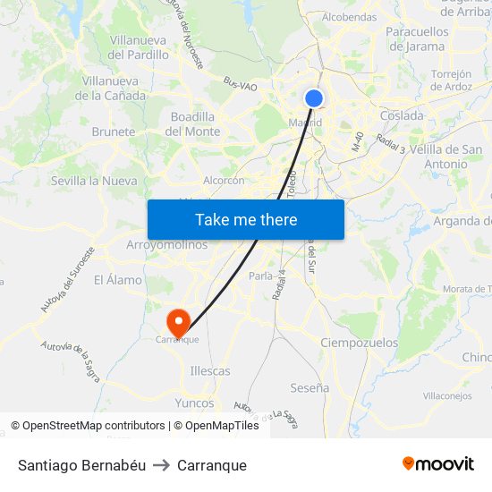 Santiago Bernabéu to Carranque map