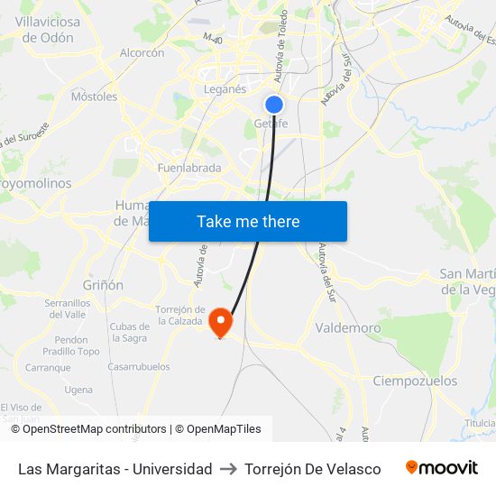 Las Margaritas - Universidad to Torrejón De Velasco map