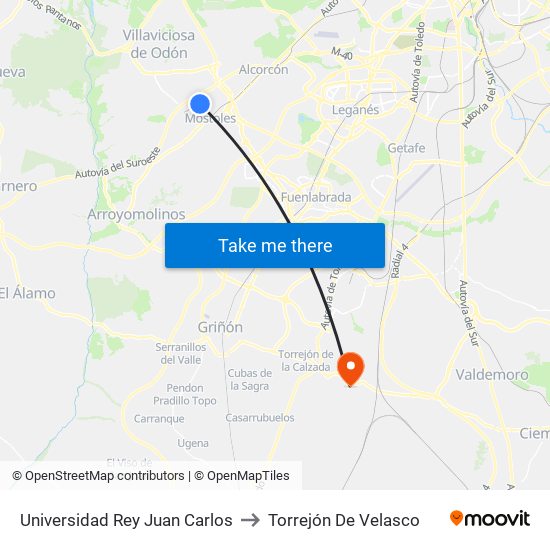 Universidad Rey Juan Carlos to Torrejón De Velasco map