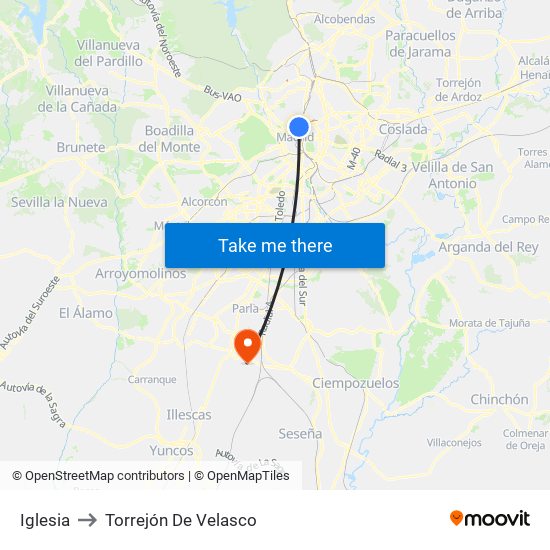 Iglesia to Torrejón De Velasco map