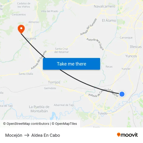 Mocejón to Aldea En Cabo map