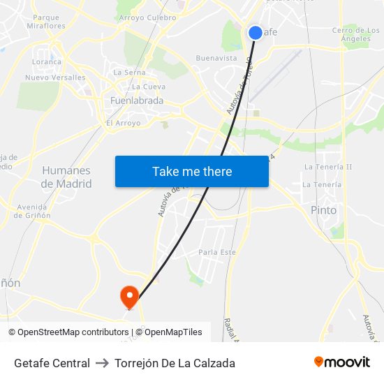 Getafe Central to Torrejón De La Calzada map