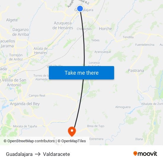 Guadalajara to Valdaracete map