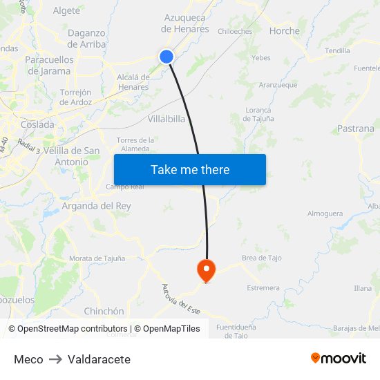 Meco to Valdaracete map