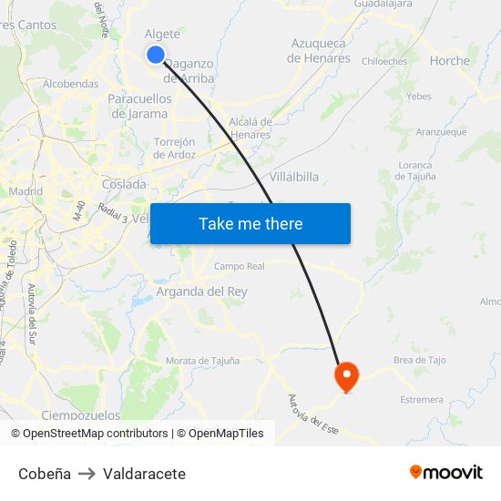 Cobeña to Valdaracete map