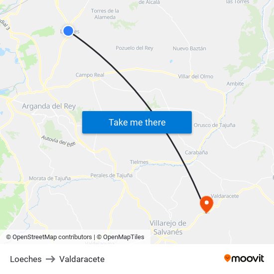Loeches to Valdaracete map