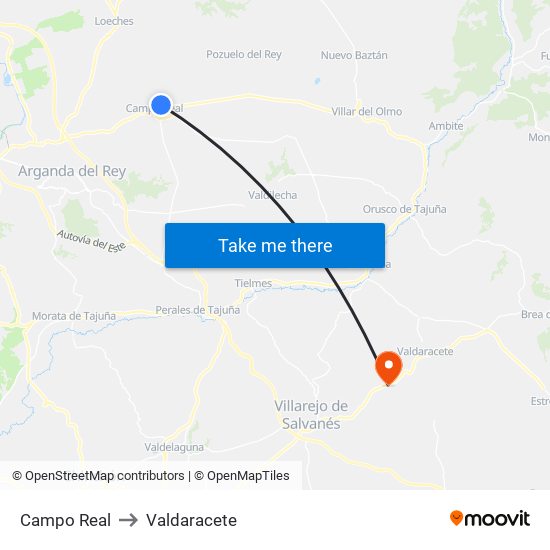 Campo Real to Valdaracete map