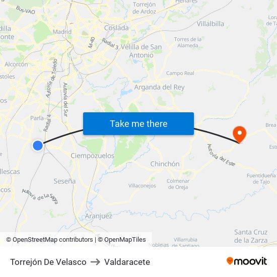 Torrejón De Velasco to Valdaracete map