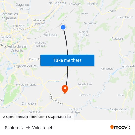 Santorcaz to Valdaracete map