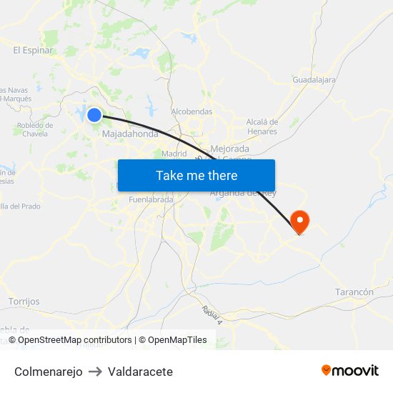 Colmenarejo to Valdaracete map