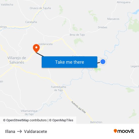 Illana to Valdaracete map