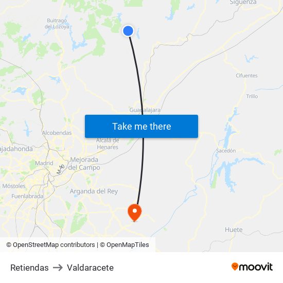 Retiendas to Valdaracete map