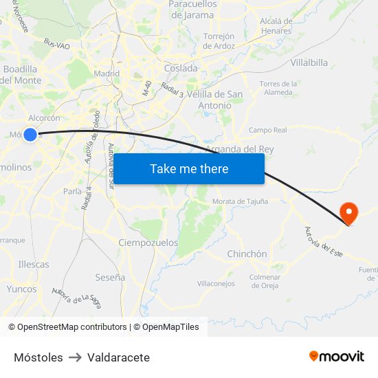 Móstoles to Valdaracete map