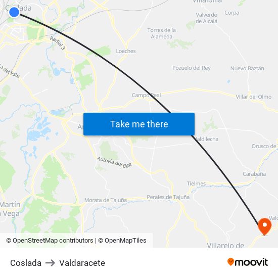 Coslada to Valdaracete map