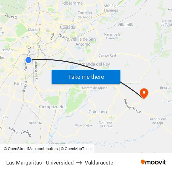 Las Margaritas - Universidad to Valdaracete map