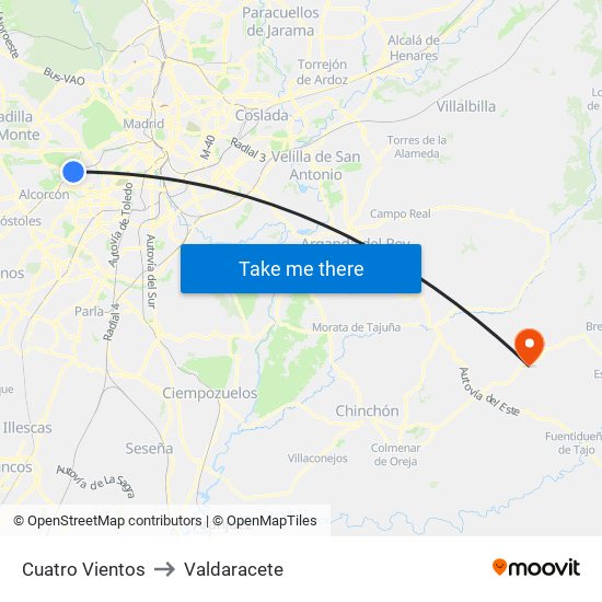 Cuatro Vientos to Valdaracete map