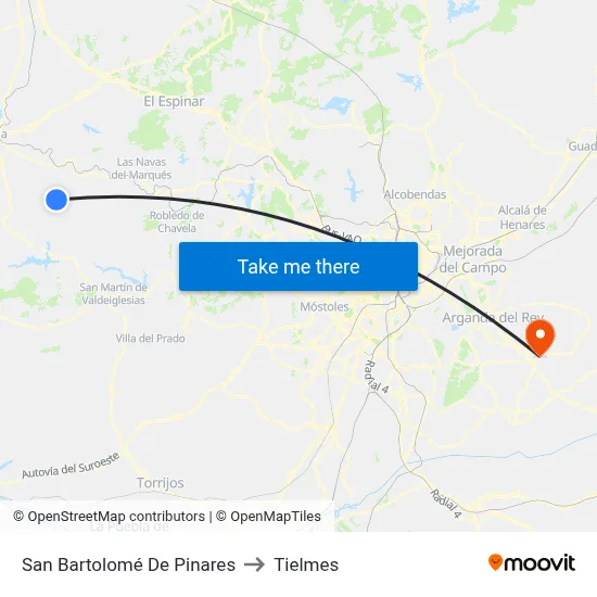 San Bartolomé De Pinares to Tielmes map