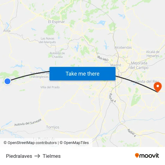 Piedralaves to Tielmes map