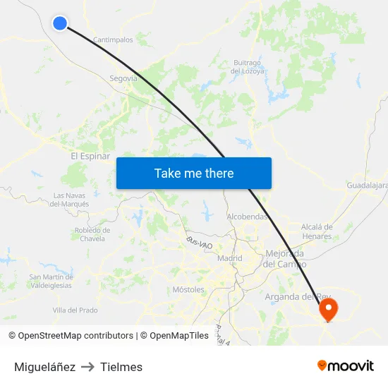 Migueláñez to Tielmes map