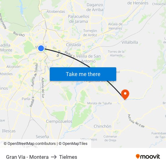 Gran Vía - Montera to Tielmes map