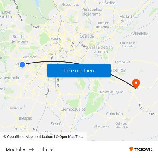 Móstoles to Tielmes map