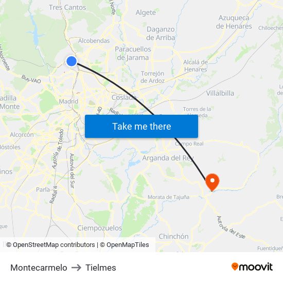 Montecarmelo to Tielmes map