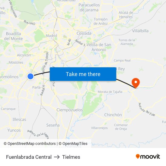 Fuenlabrada Central to Tielmes map