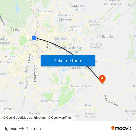 Iglesia to Tielmes map