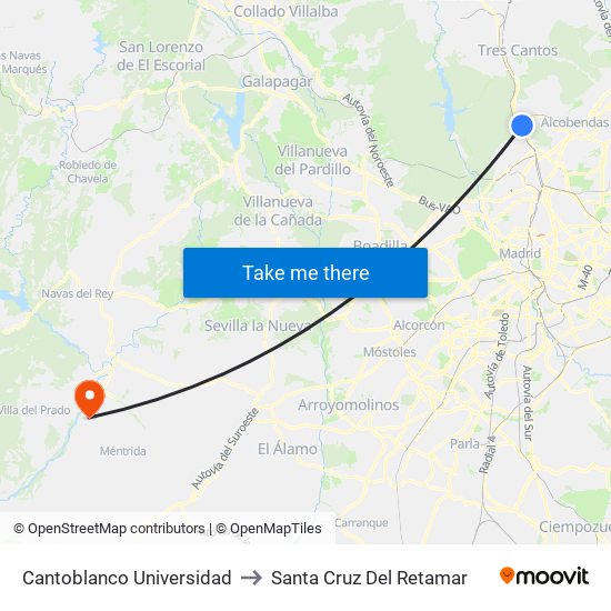 Cantoblanco Universidad to Santa Cruz Del Retamar map