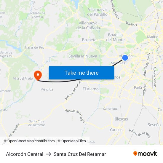 Alcorcón Central to Santa Cruz Del Retamar map