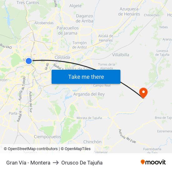 Gran Vía - Montera to Orusco De Tajuña map