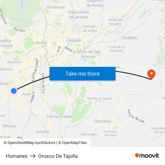 Humanes to Orusco De Tajuña map
