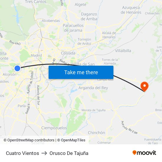 Cuatro Vientos to Orusco De Tajuña map