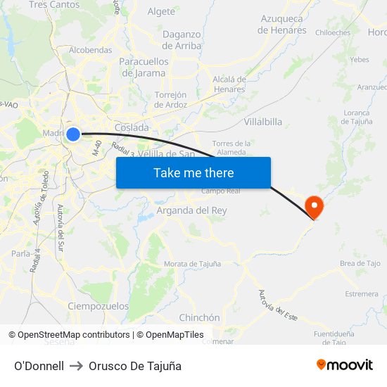 O'Donnell to Orusco De Tajuña map
