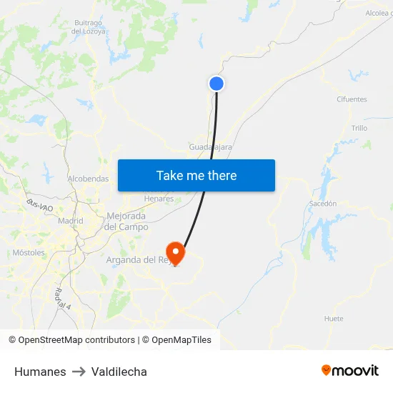 Humanes to Valdilecha map