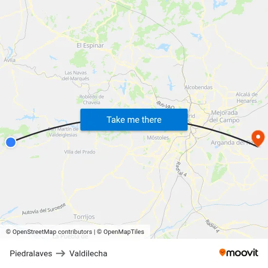 Piedralaves to Valdilecha map