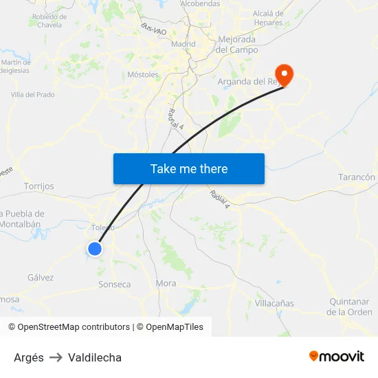 Argés to Valdilecha map