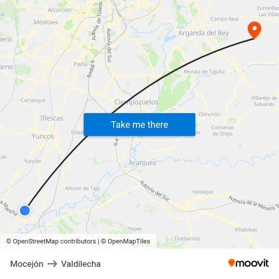 Mocejón to Valdilecha map